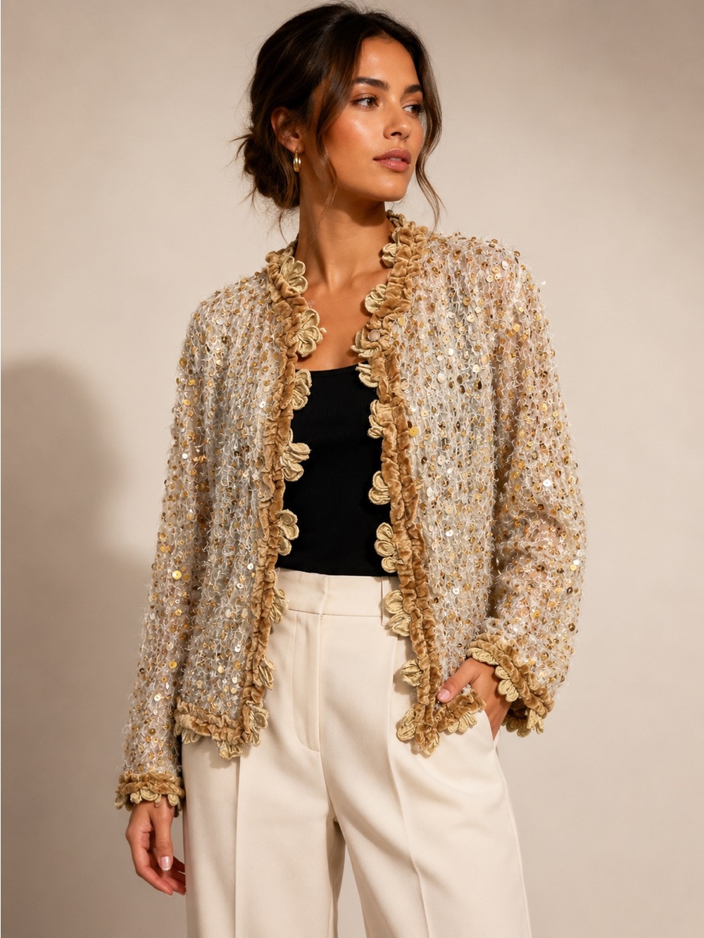 Gold-Accent Open Front Women's Sequin Knit Jacket